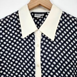 VTG Transitions French Cuff Top Size 10 Black Ivory 100% Silk Plaid Sheer Retro